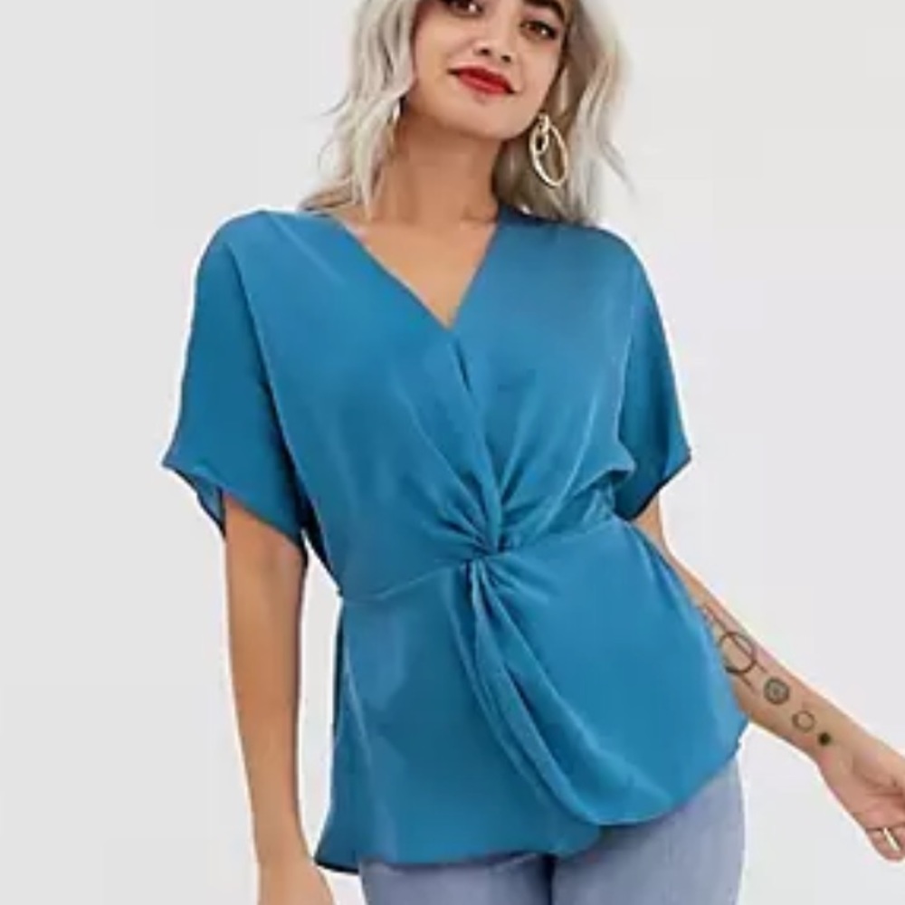Francesca’s - Teal Short Sleeve V-Neck Tie Top